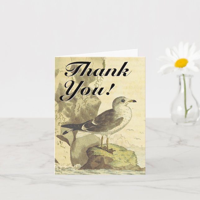 Carte Oiseau debout, style Vintage, "Merci !" (Petite plante)