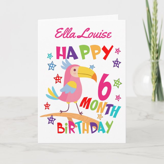 Carte Oiseau rose 6 mois Anniversaire (Devant)