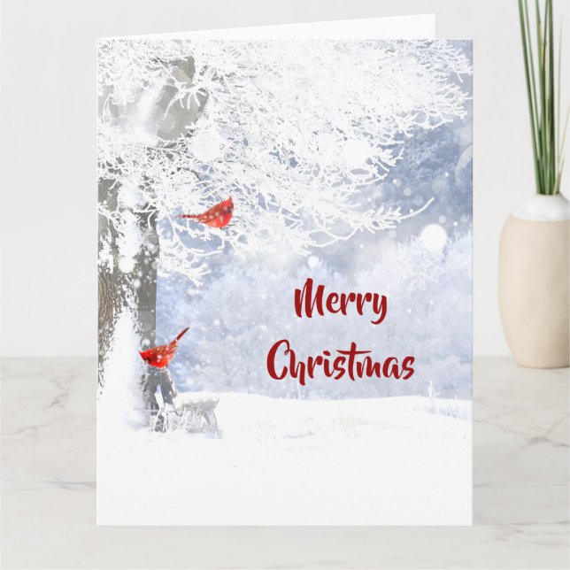Carte Oiseaux cardinaux rouges Arbres enneigés de Noël (Devant)