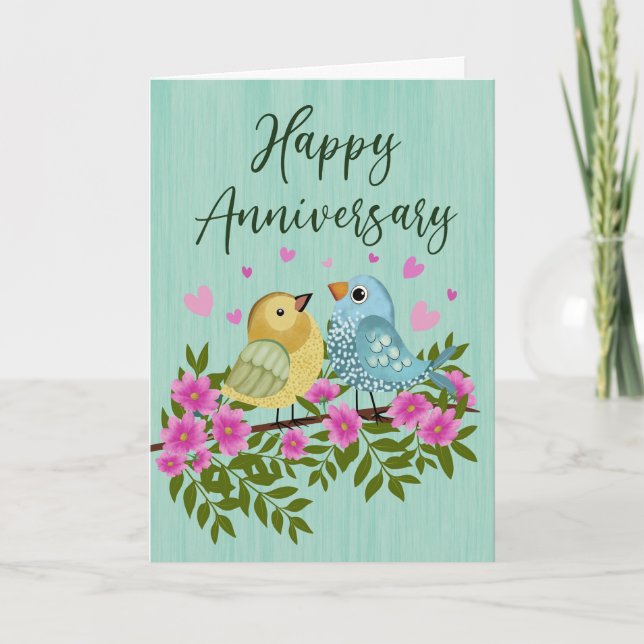 Carte Oiseaux d'anniversaire avec fleurs et coeurs (Devant)