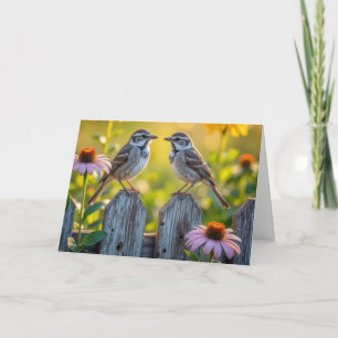 Carte Oiseaux d'anniversaire et fleurs de cônes sur une