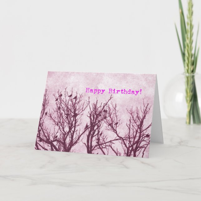 Carte Oiseaux dans un arbre, Grunge rose, Joyeux anniver (Devant)