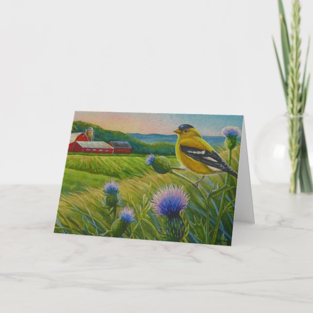 Carte Oiseaux de Goldfinch Chardons Ferme d'été Aquarell (Devant)