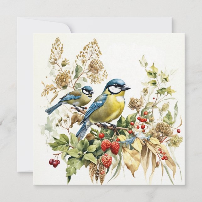 Carte Oiseaux de la forêt de aquarelles et baies sauvage (Devant)