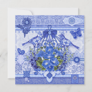 Carte Oiseaux et Cage en Porcelaine Bleue