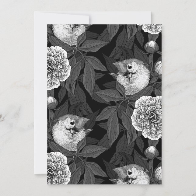 Carte Oiseaux et fleurs de pivoines monochromes, gris (Devant)
