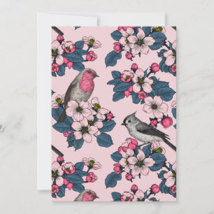 Carte Oiseaux et fleurs roses