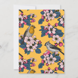 Carte Oiseaux et fleurs sur le jaune