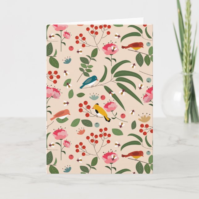 Carte Oiseaux floraux dessinés à la main Abeilles Motif  (Devant)