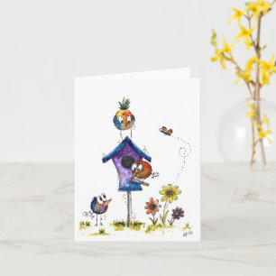 Carte Oiseaux mignons de Whimsical à une maison d'oiseau
