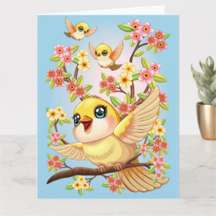 Carte Oiseaux mignons et heureux parmi les fleurs du pri