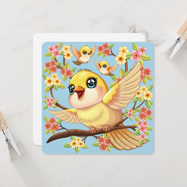 Carte Oiseaux mignons et heureux parmi les fleurs du pri (Devant/Arrière en situation)