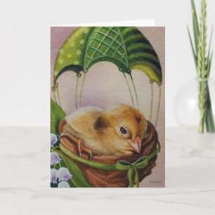 Carte Oisillon Bébé Perroquet Vert Parachute Aquarelle A