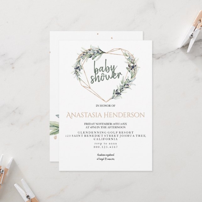 Carte Olive sprigs-Baby shower Invitation. (Devant/Arrière en situation)