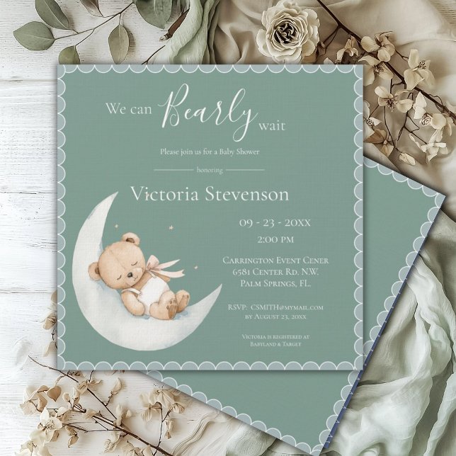 Carte On peut attendre le Baby shower vert de l'ours (Créateur téléchargé)
