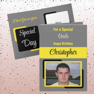 Carte Oncle nom photo gris jaune anniversaire