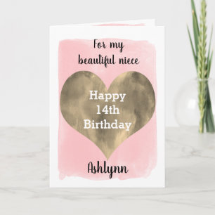 Carte Or et rose nièce 14e anniversaire