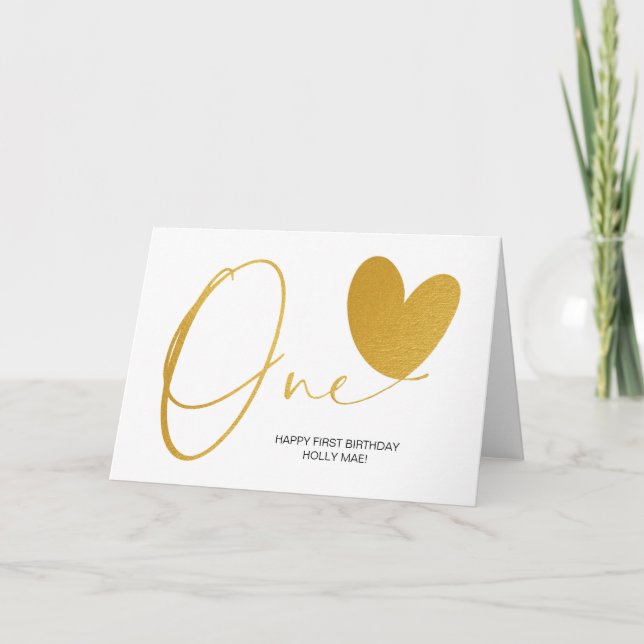 Carte Or moderne premier anniversaire un coeur (Devant)