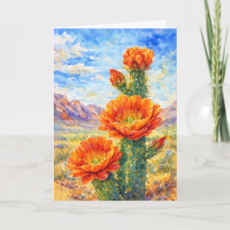 Carte Orange Cactus Blossom Watercolor Greeting Card