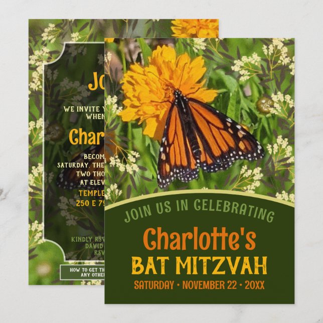 Carte Orange Papillon Bat mitzvah d'énergie de la nature (Devant / Derrière)
