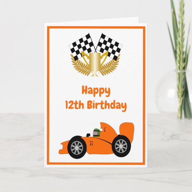 Carte Orange Racing Car personnalisé 12e anniversaire (Devant)