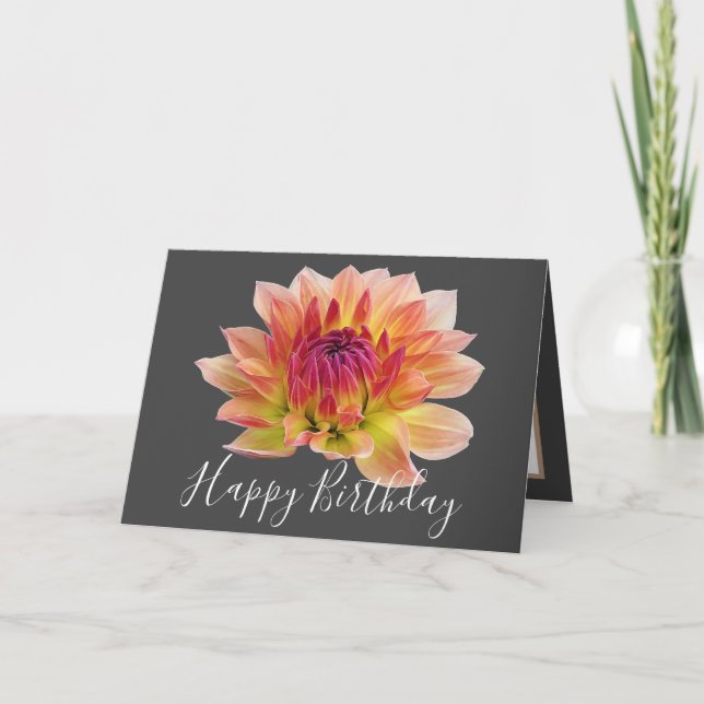 Carte Orange Rouge Dahlia Fleur Gris Arrière - plan Anni (Devant)