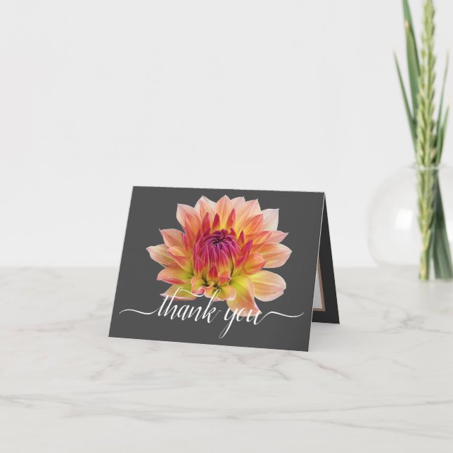 Carte Orange Rouge Dahlia Fleur gris fond Merci (Devant)