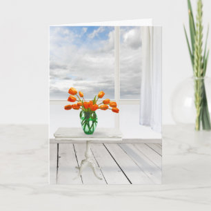 Carte Orange Tulipes et Fenêtre Anniversaire