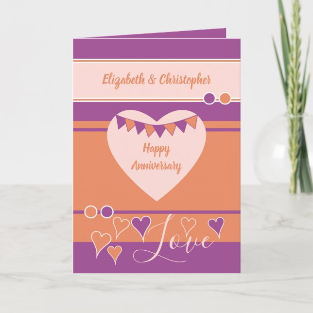 Carte Orange violet avec les coeurs et l'anniversaire de (Devant)