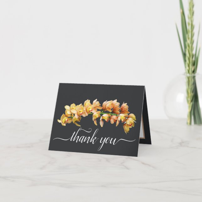 Carte Orchidées jaunes orange Merci Arrière - plan gris (Devant)