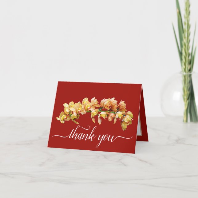 Carte Orchidées orange jaune Merci Arrière - plan rouge (Devant)