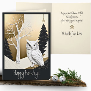 Carte Origami minimaliste Chouette de Noël Forêt de neig