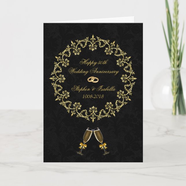 Carte Ornate Gold sur Black 50e anniversaire Mariage (Devant)