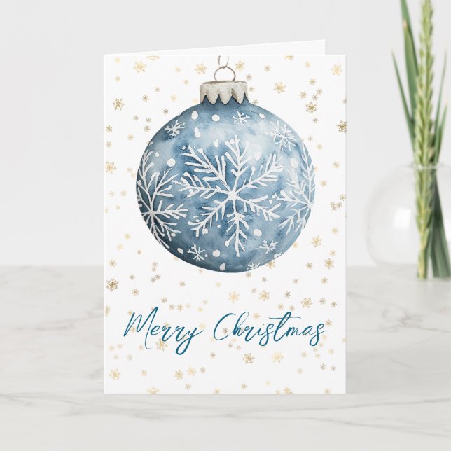 Carte Ornement de Noël Blanc Bleu Or (Devant)