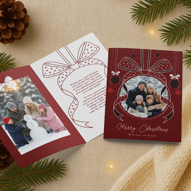 Carte Ornement de Noël unique Bow en ruban deux photos (elegant whimsical bows and Christmas ornament photo holiday greeting cards in red & white)
