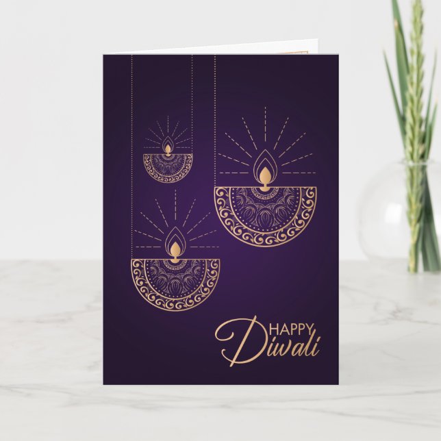 Carte Ornement en or violet et Rose Happy Diwali (Devant)