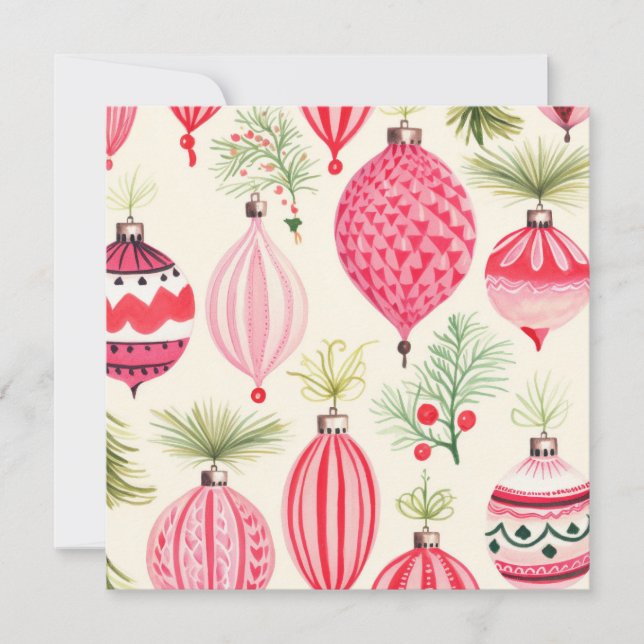 Carte Ornements de Noël rose rouge rétro (Devant)
