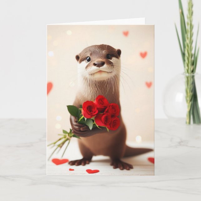 Carte Otter adorable aux roses rouges (Devant)