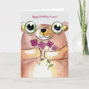 Carte Ours aquarelle d'anniversaire avec bouquet