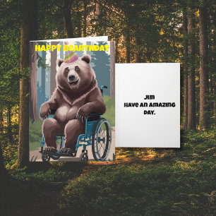 Carte Ours assis sur le fauteuil roulant nature annivers