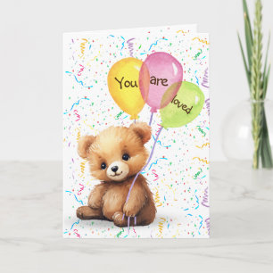 Carte Ours d'anniversaire avec ballons et confetti