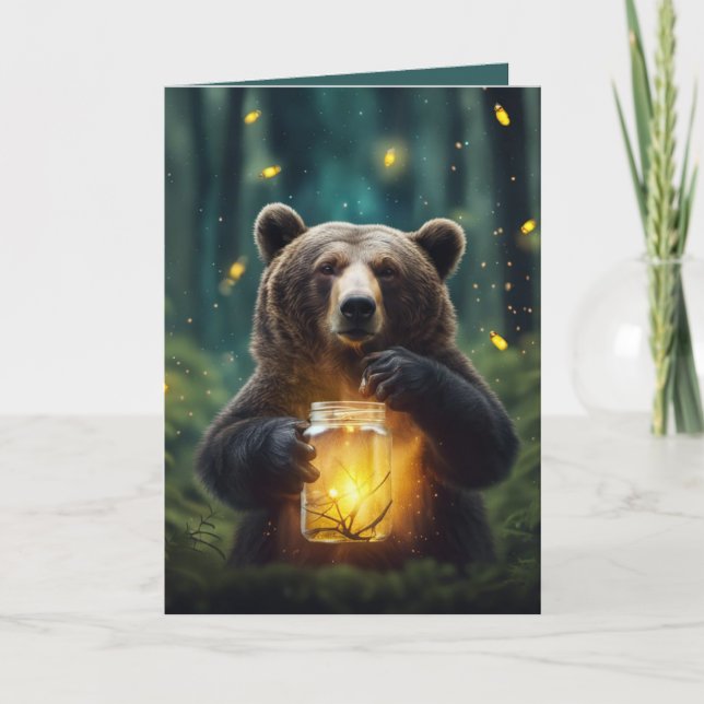 Carte Ours D'Anniversaire Avec Lucioles En Jar (Devant)
