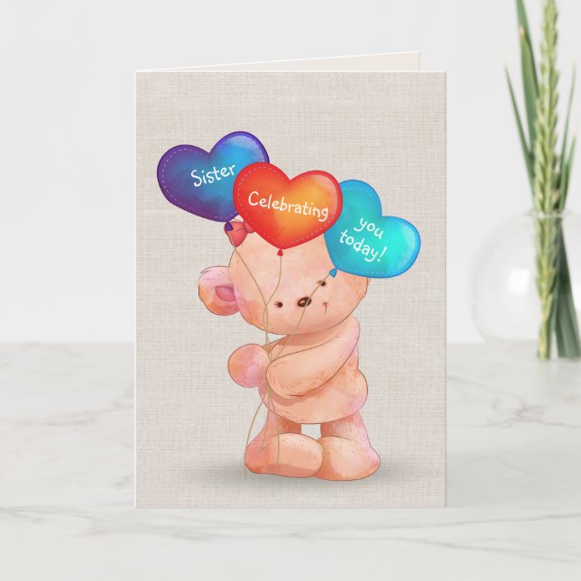 Carte Ours d'anniversaire et ballons pour soeur (Devant)