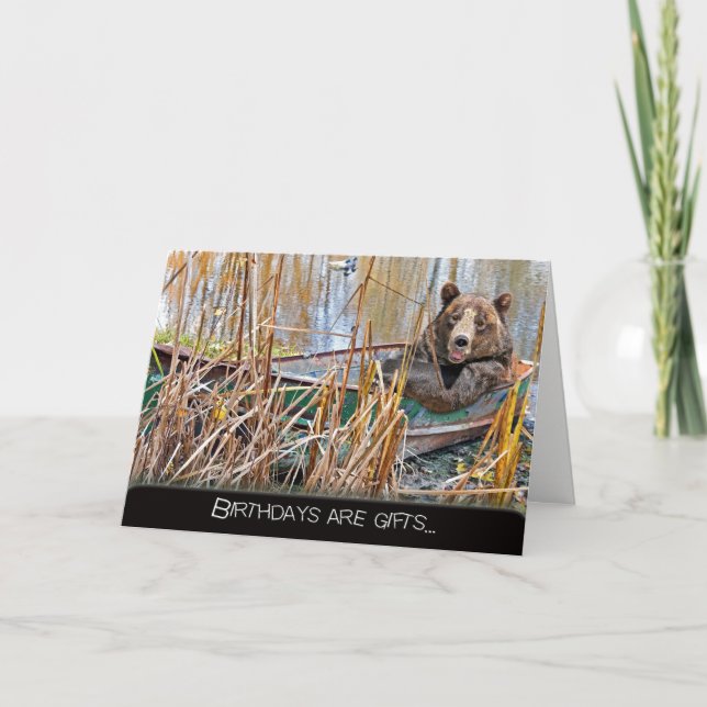 Carte ours d'anniversaire souriant dans un bateau à rame (Devant)