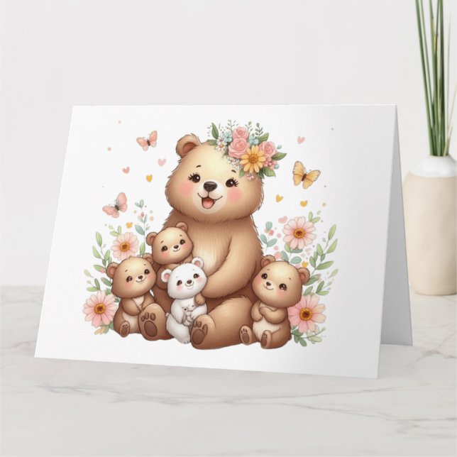 Carte Ours de maman adorable avec quatre petits (Devant)