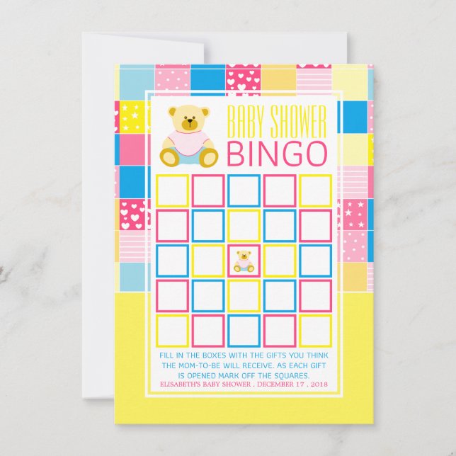 Carte Ours d'or Patchwork, Bingo de Baby shower (Devant)