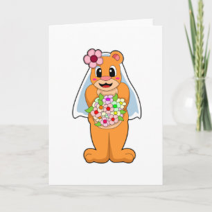 Carte Ours en mariée avec des fleurs