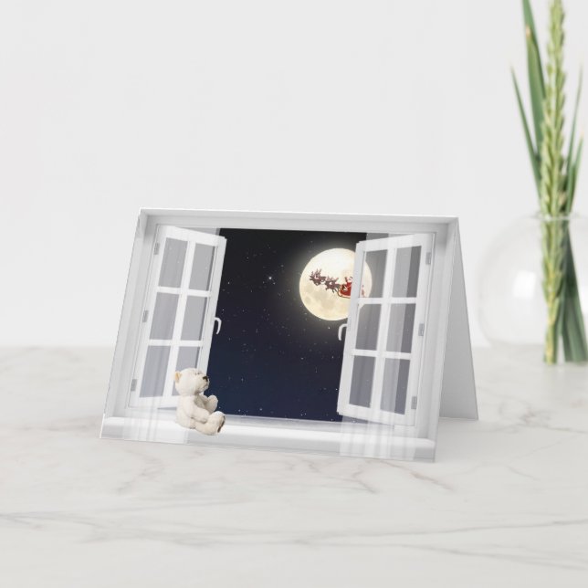 Carte ours en peluche à la fenêtre avec lune de Noël (Devant)