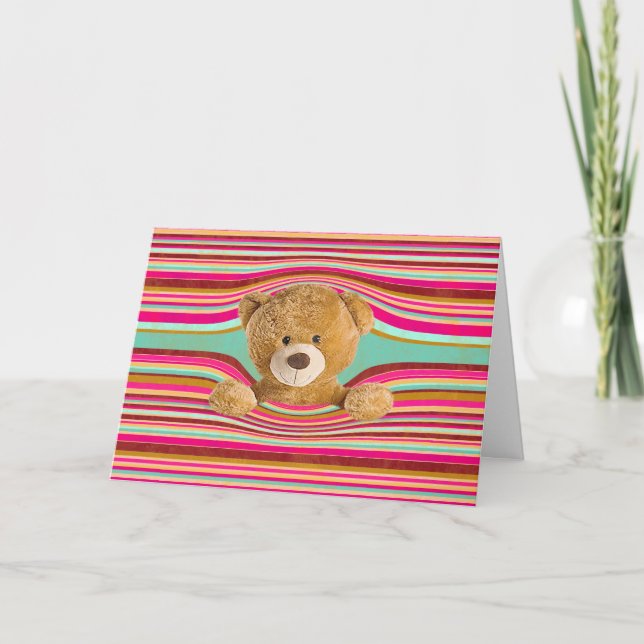 Carte Ours en peluche d'anniversaire en bandes (Devant)