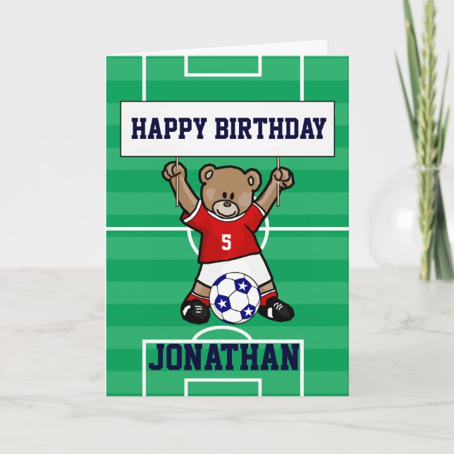 Carte Ours en peluche de soccer personnalisé (rouge) (Devant)